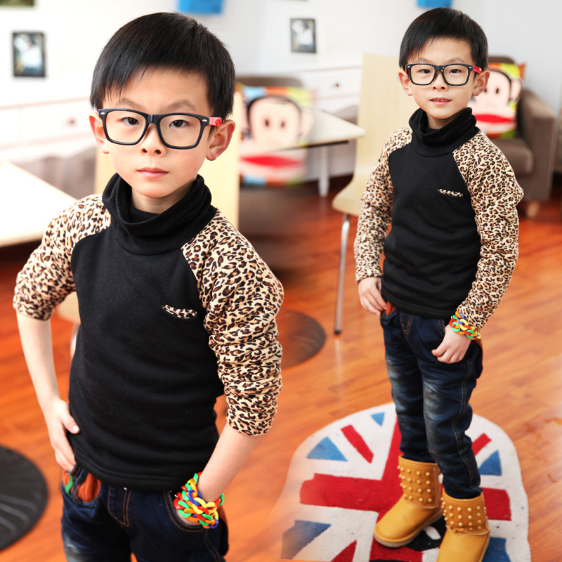 Winter child leopard print basic 2012 child male child turtleneck basic shirt plus velvet md237