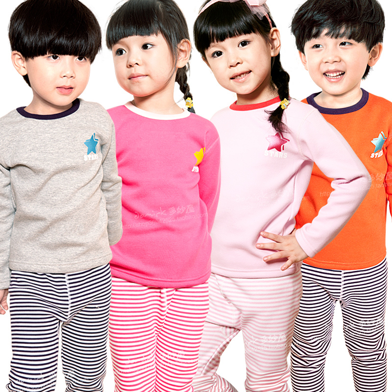 Winter child thermal underwear set baby 100% cotton thickening plus velvet male child female child