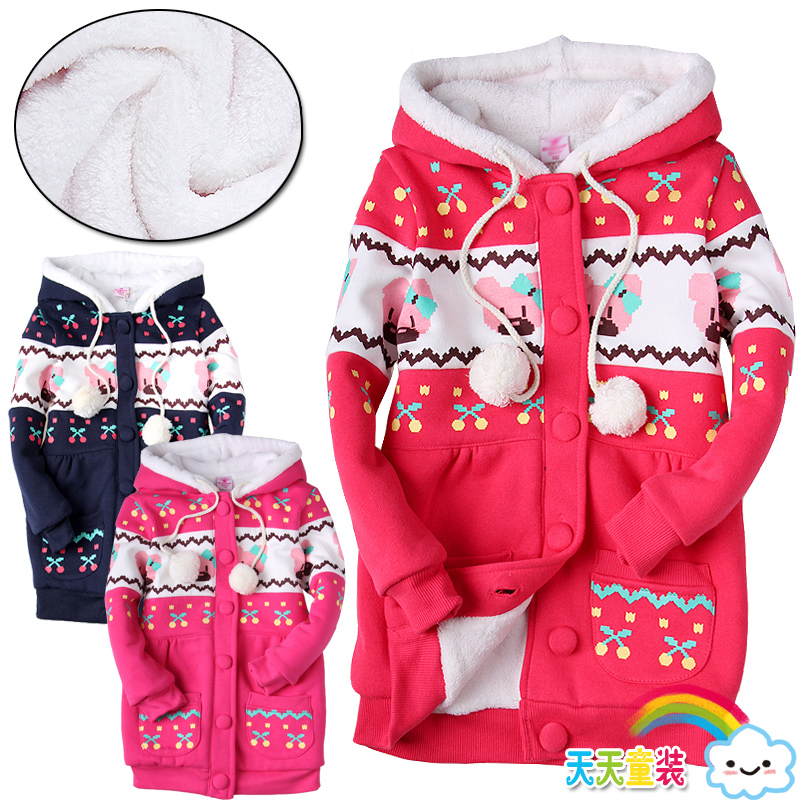 Winter children's clothing irremovable hood cartoon all-match wool liner 100% female child cotton wadded jacket cotton-padded