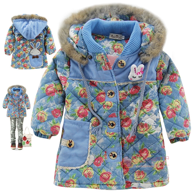 Winter children's clothing print rabbit thickening long-sleeve hooded cotton-padded jacket