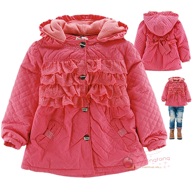 Winter children's clothing sweet female child laciness medium-long plus velvet cotton-padded jacket