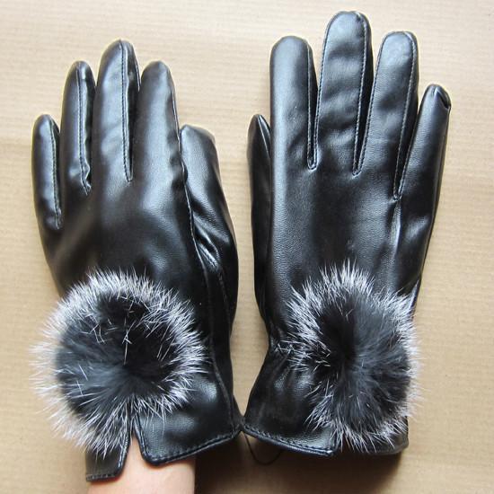 Winter cold-proof thermal women's rabbit fur ball leather gloves thermal plus velvet women's cycling gloves short gloves