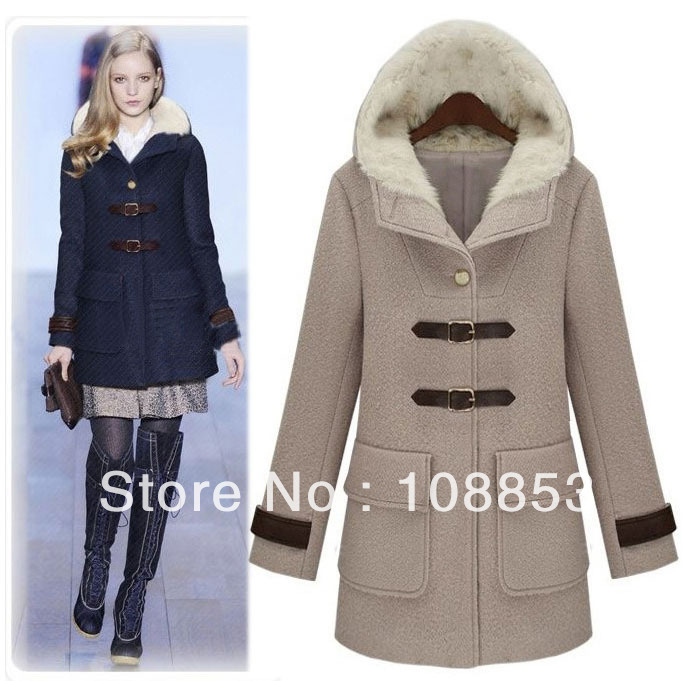 Winter Collection British Style Fur Collar Hooded Women's Outwear Trench Female Woolen Coats Jacket Free Shipping CMO-0012