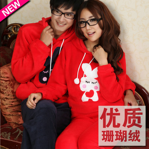 Winter coral fleece lovers sleepwear long-sleeve thickening cartoon red lounge set