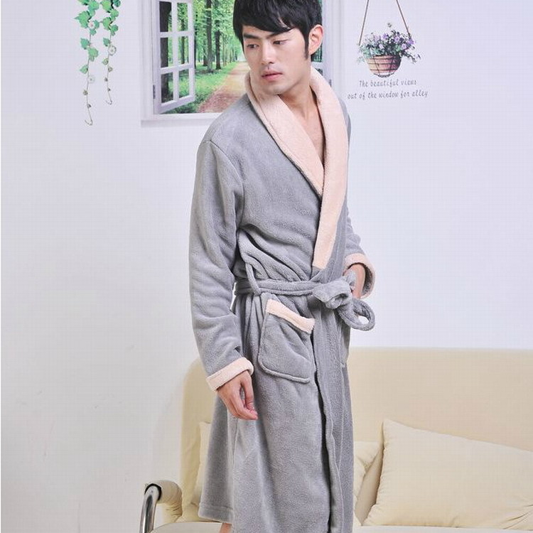 Winter coral fleece sleepwear male solid color long-sleeve robe thickening lounge