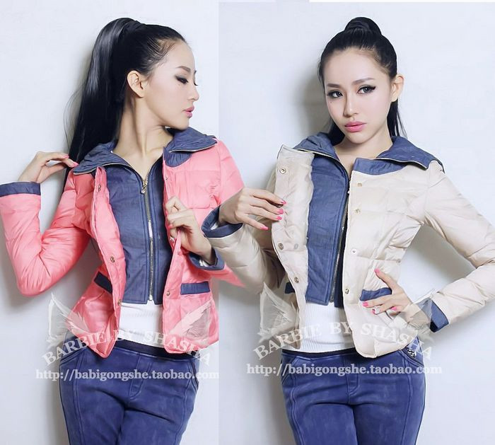Winter fashion denim patchwork bow decoration slim down coat top outerwear