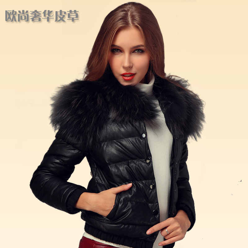 Winter fashion female winter outerwear large raccoon fur collar cotton leather clothing