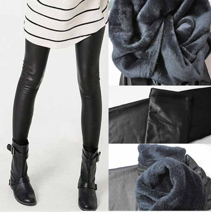 Winter faux leather thick legging double layer thermal inside brushed beaver velvet legging thermal ankle length trousers