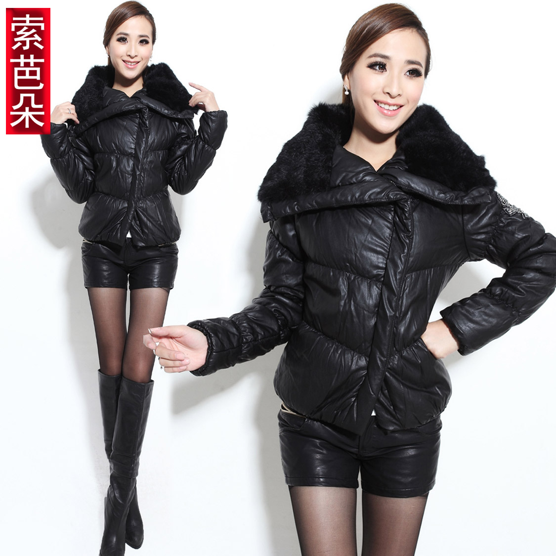 Winter female fashion rex rabbit hair cotton leather clothing thickening outerwear large lapel short design PU wadded jacket