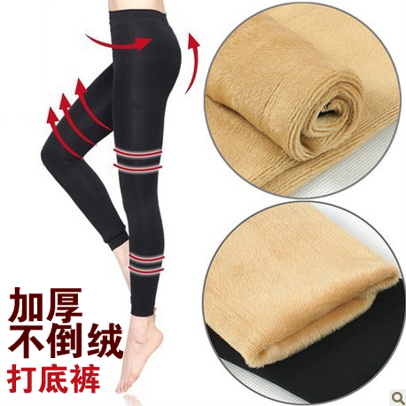 Winter fleece double layer mid waist pants socks female velvet thickening warm pants female