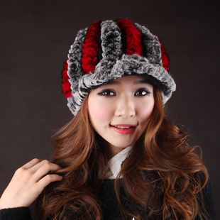 Winter fur hat rex rabbit hair hat female small brim hat color block cap female ty