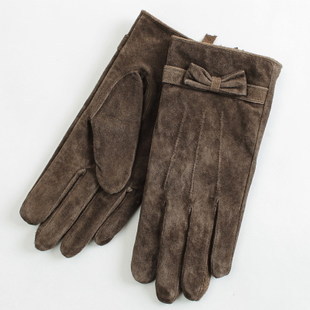 Winter genuine leather gloves female thermal autumn and winter vintage bow suede leather finger gloves gs634