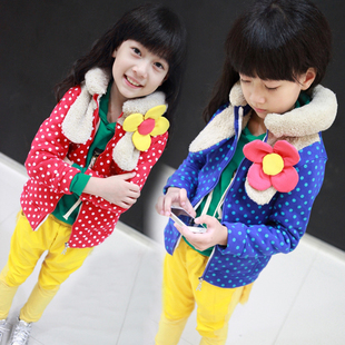 Winter girls clothing polka dot flower fur collar sweatshirt cardigan baby outerwear