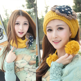 Winter hat new arrival knitted hat scarf muffler headband cap 2 millinery flower candy color knitted hat