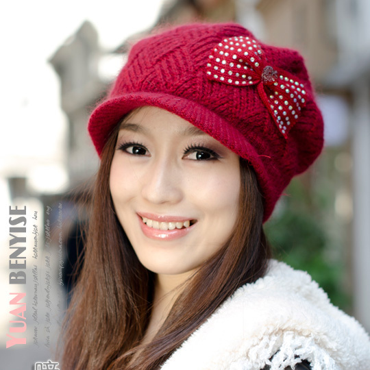 Winter hat women's winter fashion bow diamond short brim hat thermal knitted rabbit fur cap