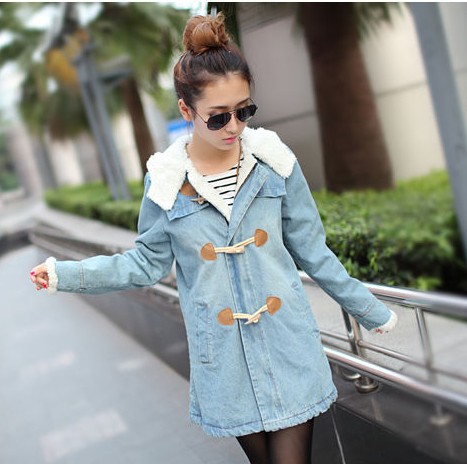 Winter horn button hooded thickening wadded jacket cotton-padded jacket medium-long denim wadded jacket outerwear female