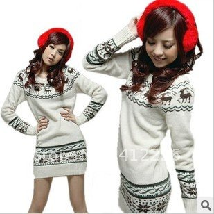 Winter hot sale classical O neck women slimming fitted jacquard weave long printing sweater ladies knitted dress clothes