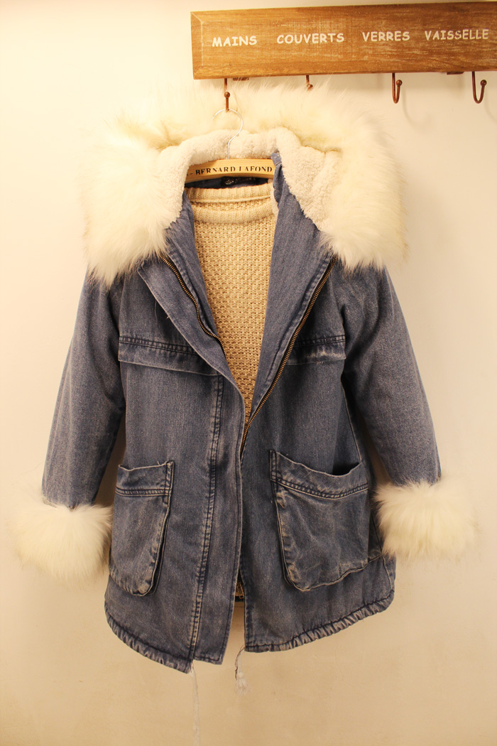 Winter lamb's wool plus velvet thickening loose plus size denim wadded jacket cotton-padded jacket outerwear female medium-long