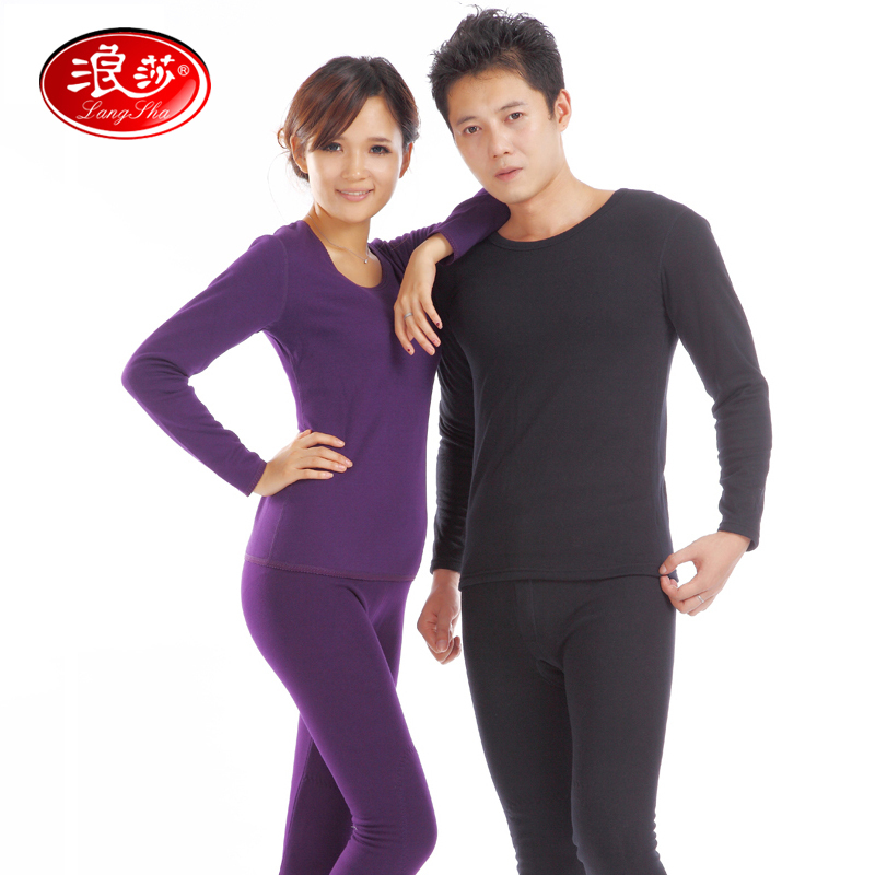 Winter LANGSHA thermal underwear long johns long johns set o-neck wool charcoal kneepad cotton male women's lovers plus velvet