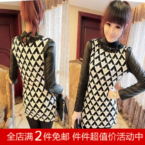 Winter leather mosaic slim lace collar long-sleeve dress basic one-piece dress short skirt