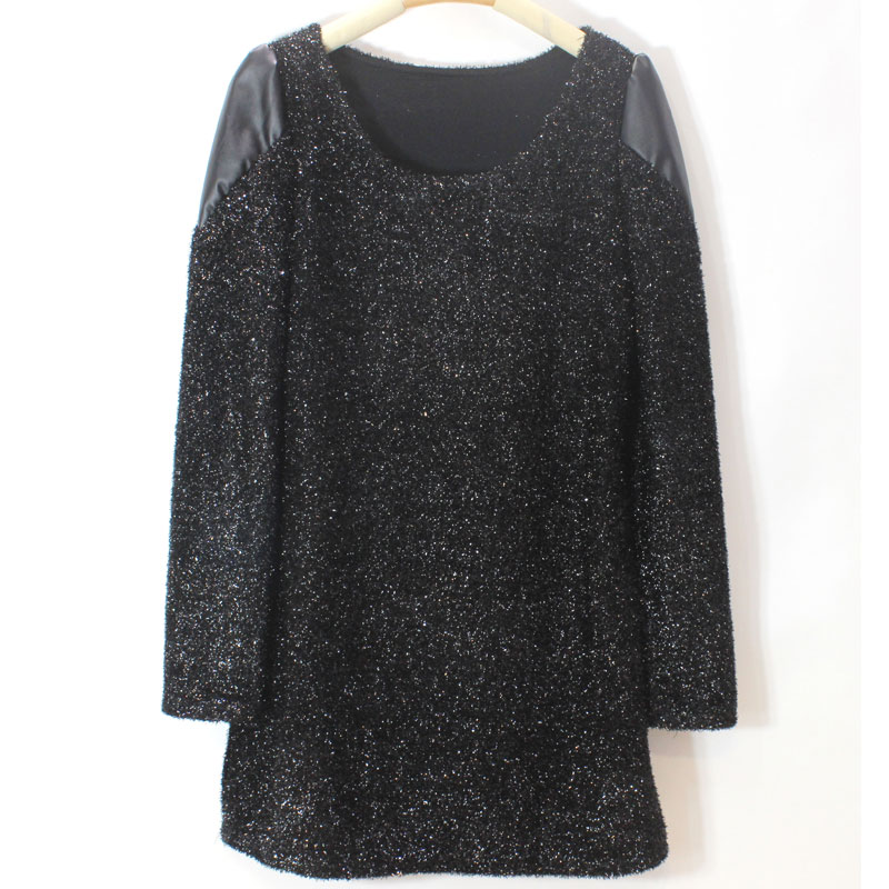 Winter leather patchwork liangsi one-piece dress short skirt fashion o-neck long-sleeve basic shirt one-piece dress