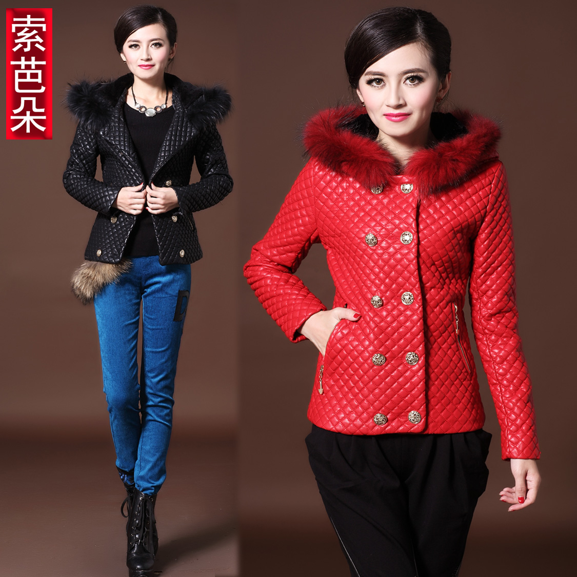 Winter leather PU leather double breasted coat with a hood leather wadded jacket leather clothing 1290