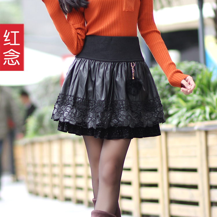 Winter leather skirt PU short skirt bust skirt cutout laciness puff skirt basic autumn and winter dress half-skirt women's