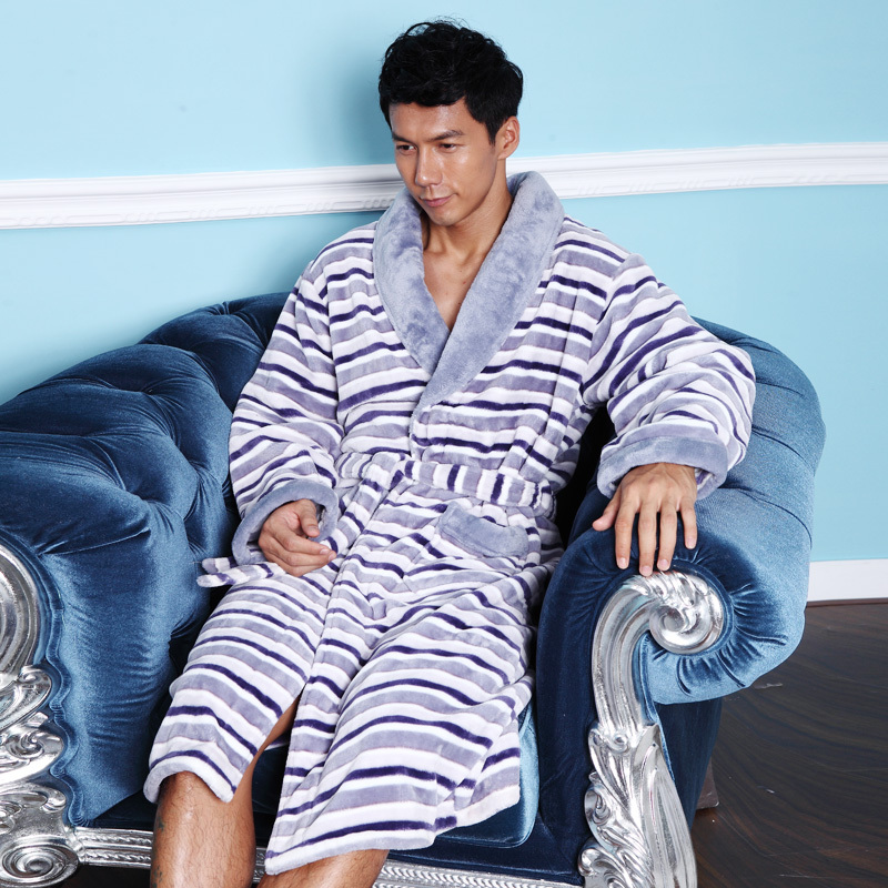 Winter lengthen thickening ultra soft brief stripe long-sleeve robe flannel lounge male wool es8254