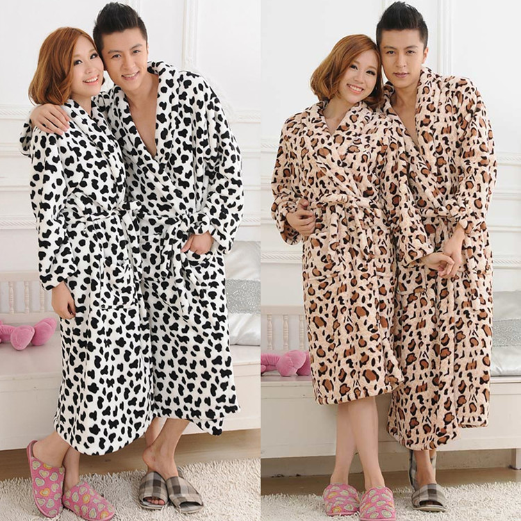 Winter leopard print lovers coral fleece robe male bathrobe sleepwear female cow child parent-child lounge thickening