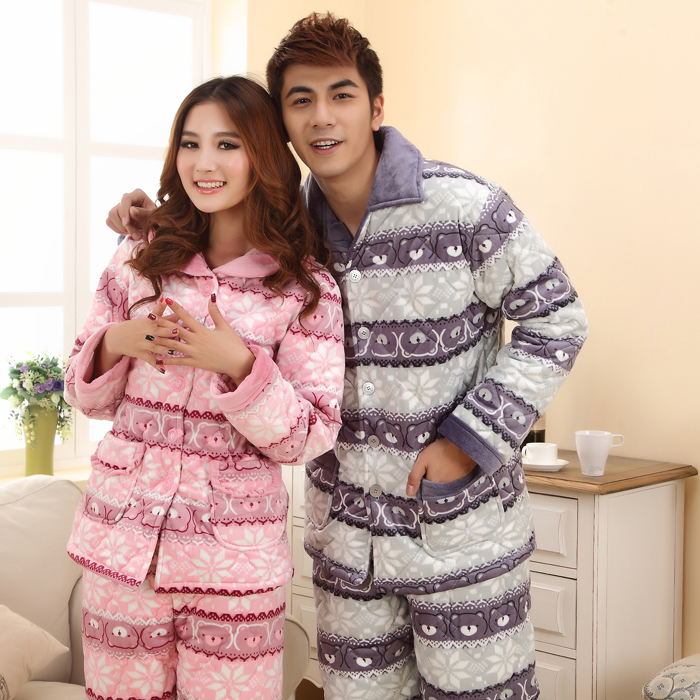 Winter lovers thickening coral fleece cotton-padded set male women's sleepwear lounge