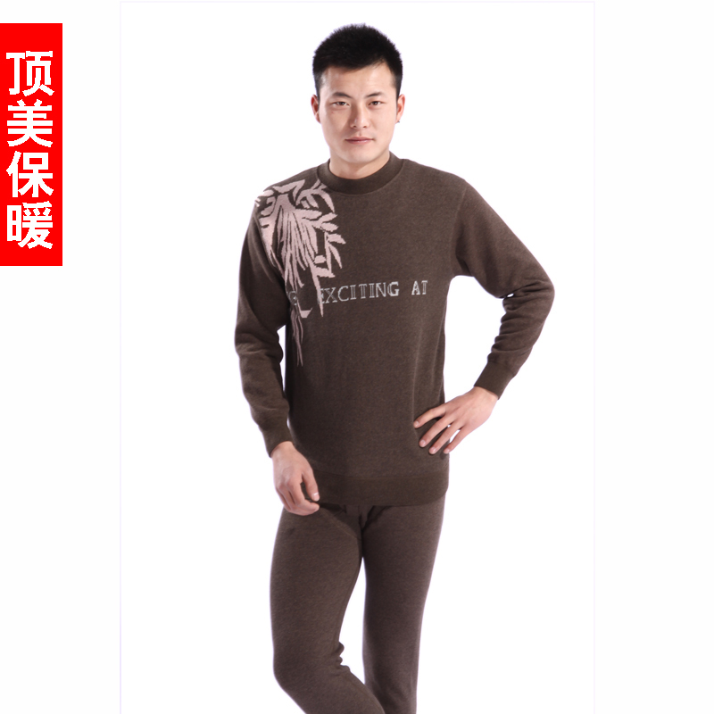 Winter male o-neck underwear modal bamboo fashion jacquard thickening plus velvet male thermal underwear set
