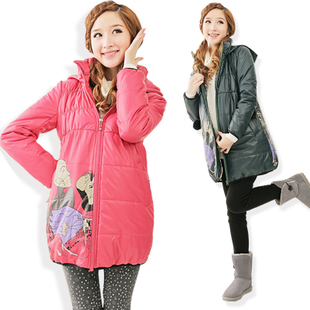 Winter maternity clothing cotton-padded jacket elastic pleated cap thickening PU cartoon maternity wadded jacket