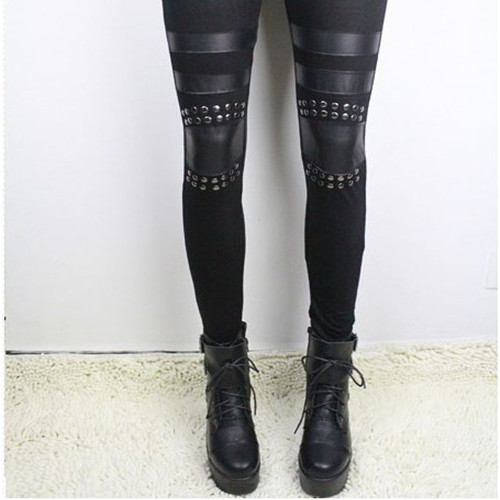 Winter new arrival fashion normic rivet faux leather cotton patchwork legging knee patch ankle length trousers thick thin