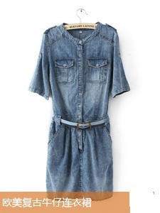Winter new arrival fashion vintage tooling light color retro finishing slim denim one-piece dress with belt plus size