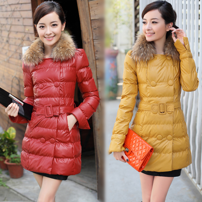 Winter new arrival lady wadded outerwear women's slim medium-long thickening cotton-padded jacket fur collar PU cotton-padded