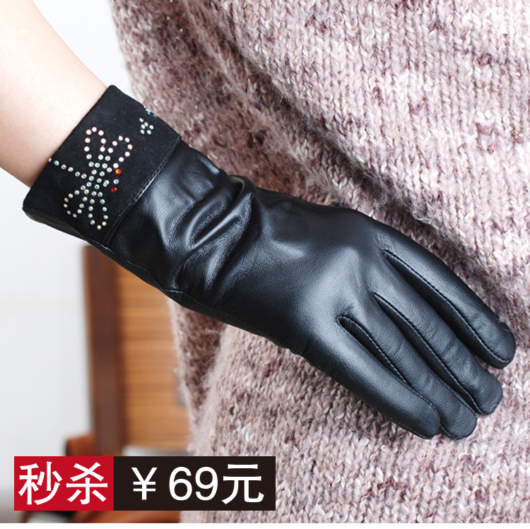 Winter new arrival thermal women's diamond fashion genuine leather gloves quality sheepskin classic full leather all-match