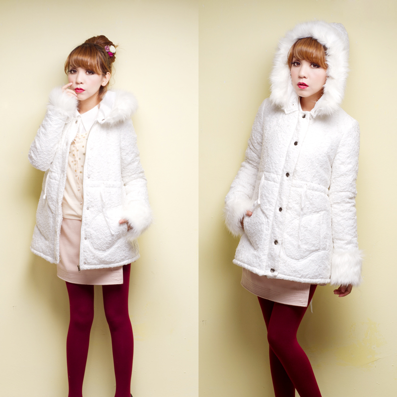 Winter new arrival white lace fur collar sweet princess waist slim medium-long thickening with a hood wadded jacket outerwear