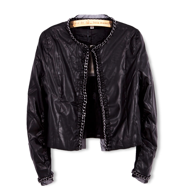 Winter new arrival Women chains fashion motorcycle PU clothing short design jacket slim coat