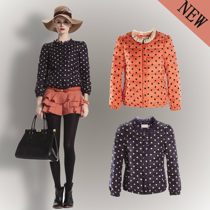 winter new arrival women's downjacket polka dot short design o-neck down coat orange/dark blue/sky blue S M L