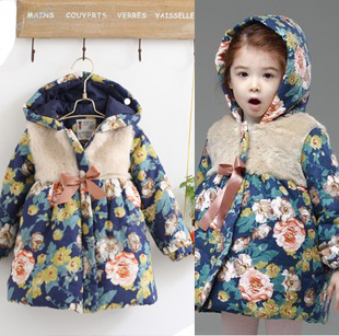 Winter new girl's printing and dyeing big flower feather phase spell cotton-padded clothes