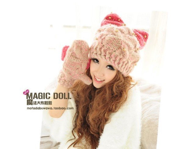 Winter New Style Korean Women Hats Lovely Cat Shape Lady Cap Knitted Warm Headwear Bowknot Decoration Woman's Caps