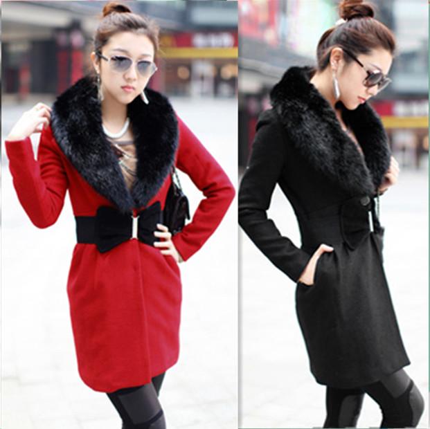 Winter ol elegant fur collar wool coat slim trench outerwear a14431 notice only have red color