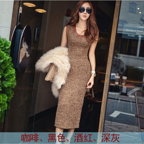 Winter one-piece slim hip dress winter dress patchwork leather woven rabbit fur vest skirt basic skirt fashion full dress thick