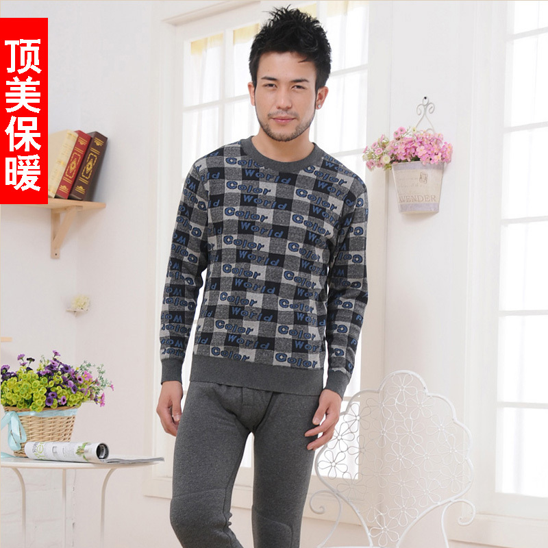 Winter plus velvet thickening thermal underwear set male jacquard kneepad