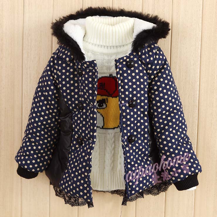 Winter polka dot double breasted lace decoration female child outerwear clothing cotton-padded jacket