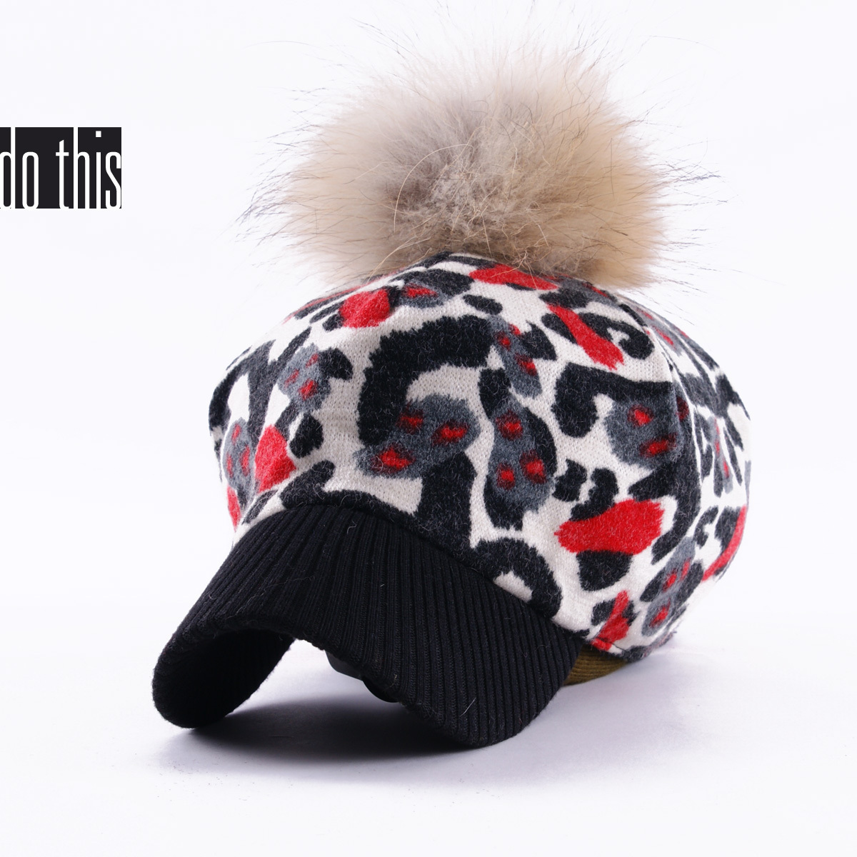 Winter raccoon fur ball leopard print elastic adjustable casual cap 1p1076