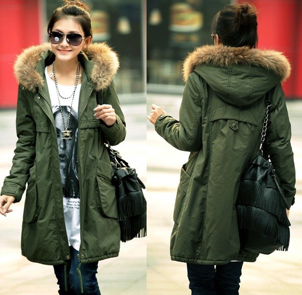 Winter raccoon fur casual long design clothes wadded jacket women's thickening outerwear olive cotton-padded jacket