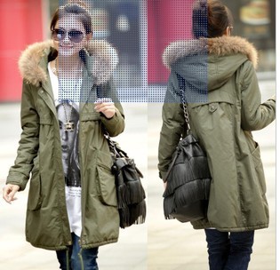 Winter raccoon fur medium-long thickening trench women's casual hooded clothes wadded jacket cotton-padded jacket olive