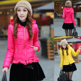 Winter short design wadded jacket lace decoration laciness slim hooded wadded jacket cotton-padded jacket