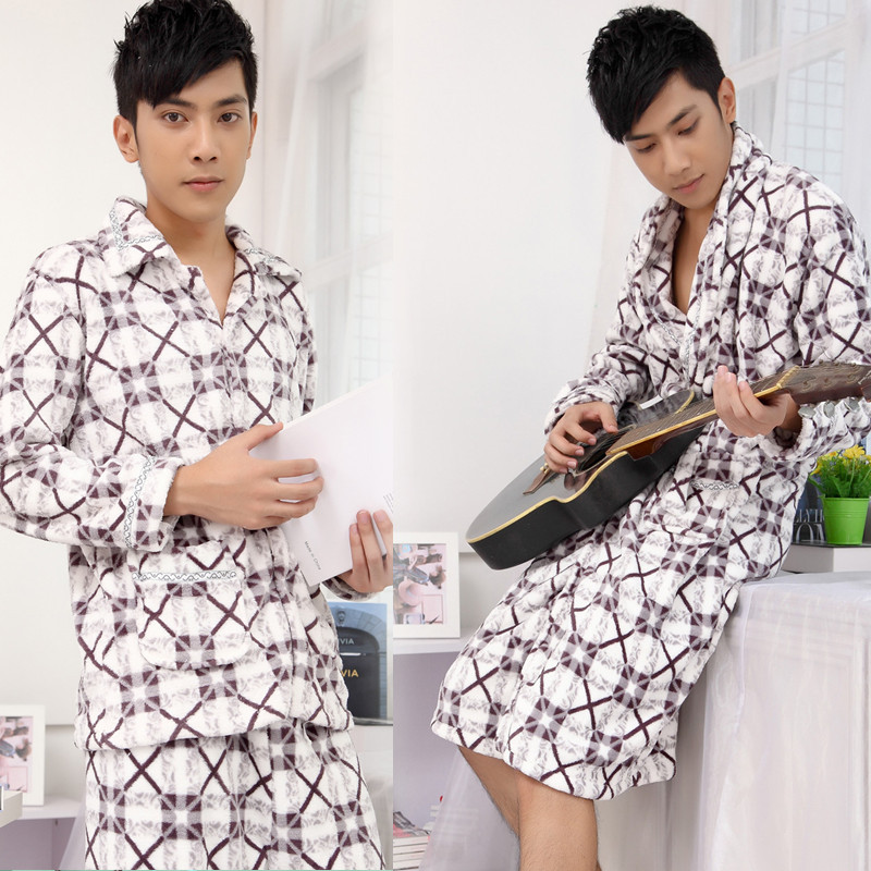 Winter sleepwear male coral fleece casual plaid long-sleeve robe bathrobes lounge set